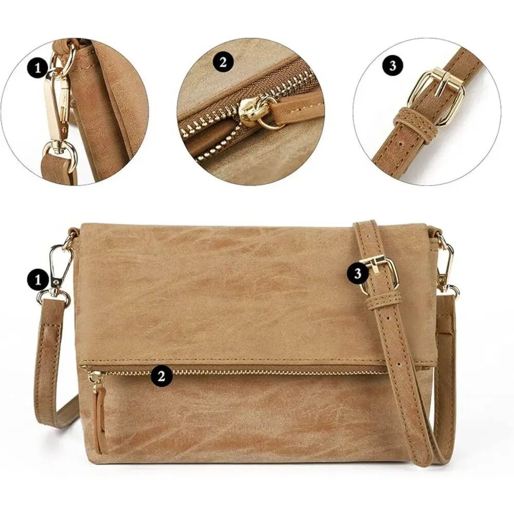 Women Light Brown Cream Imported Leather Fashion Cross Body Purse Shoulder Bag - Picture 3 of 4